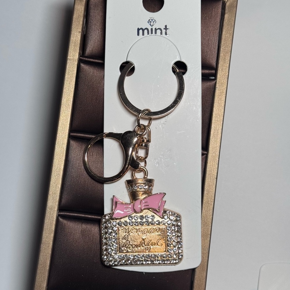 BAG CHARM MINT Bling Perfume Bottle Pink Enamel Bow Keychain You Are Beautiful